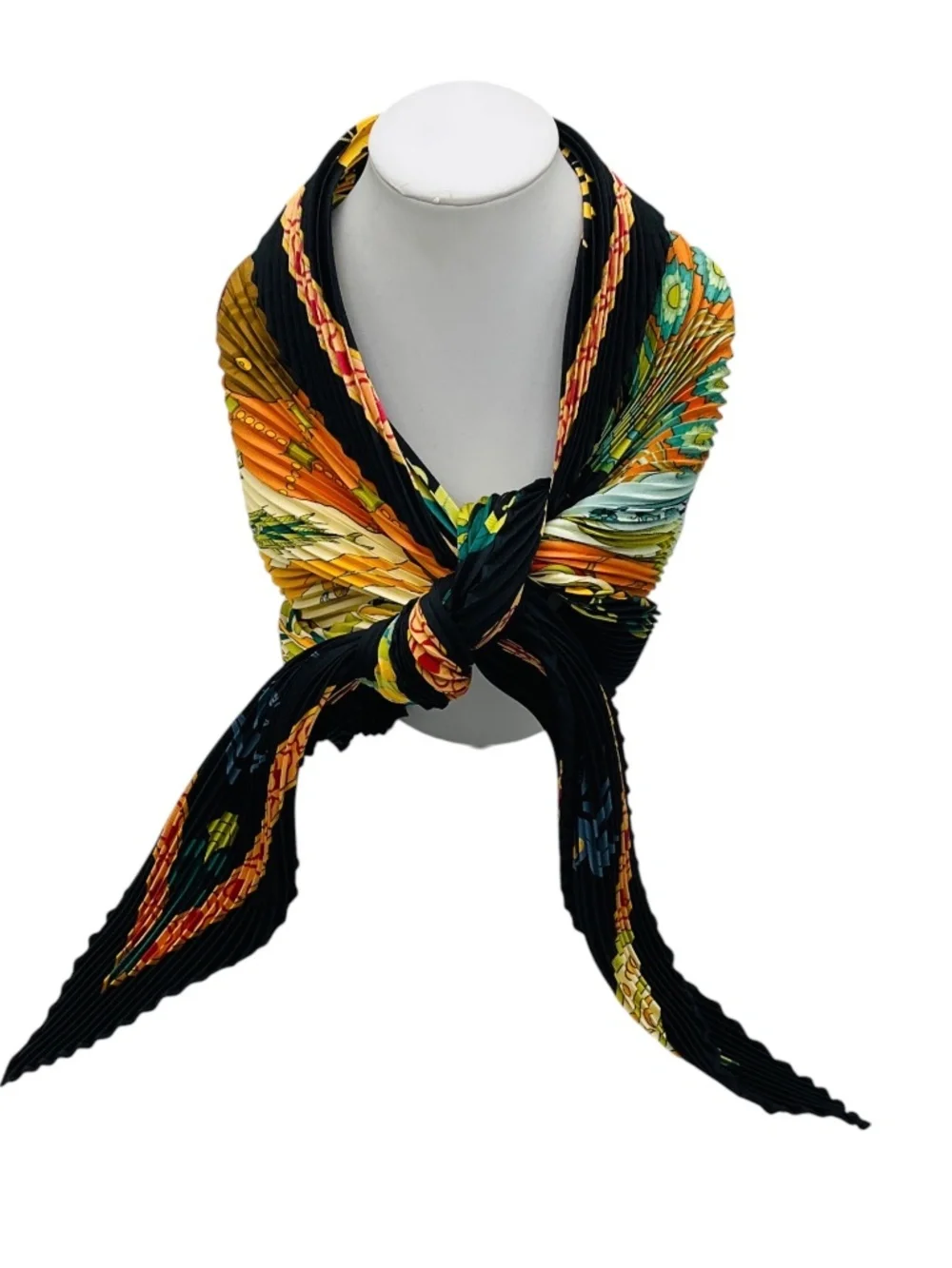 HERMES BLACK MULTI LES PRINTEMPS DE THERA PRINT PLISSE PLEATED SILK TWILL SCARF